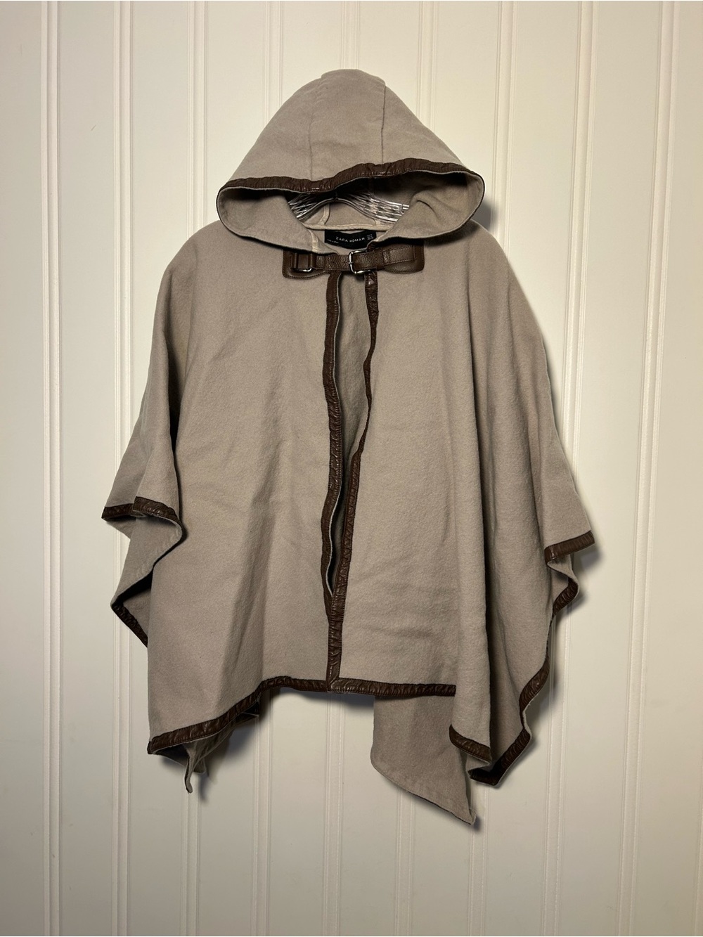 ZARA beige hooded cape with leather trim size medium